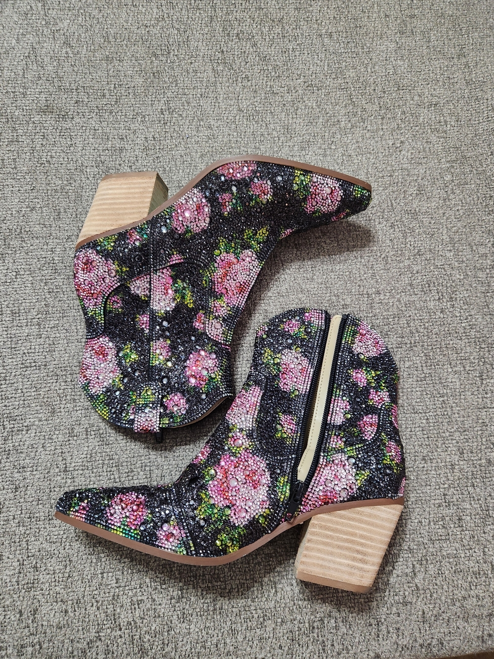 Betsey Johnson Black Floral Crystal Embellished Ankle Boots